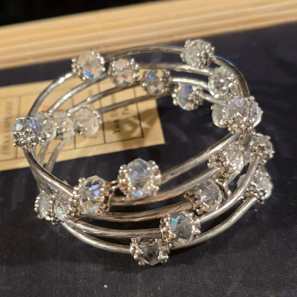 Silver Tone Crystal Wrap Bracelet With Clear Faceted Beads & Filigree Details